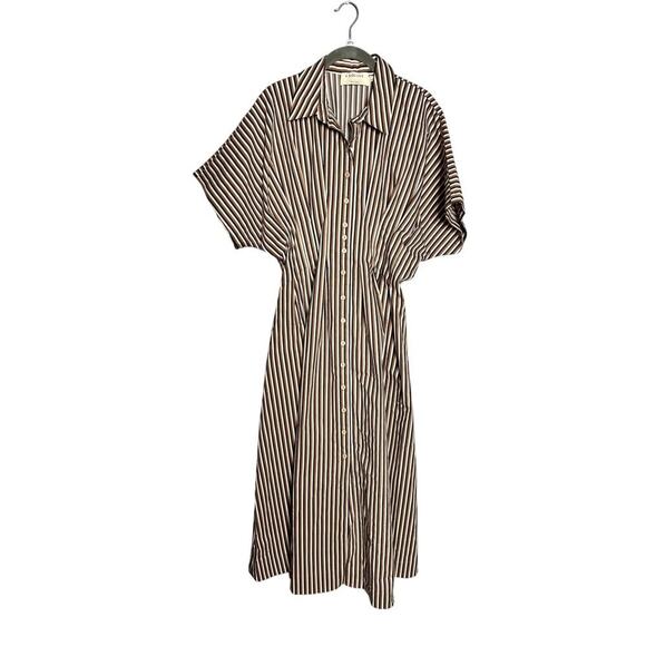 Anthropologie Exquise The Tobie Button Front Pleated Shirt Dress Brown Striped - Picture 5 of 8